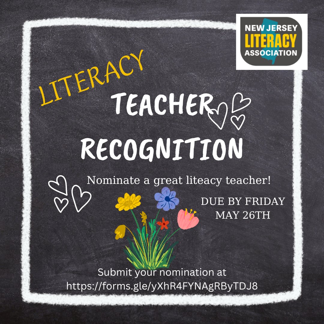 Do you know an outstanding literacy teacher? The NJ Literacy Association will be recognizing a great literacy teacher in our state. Nominations are due by FRIDAY MAY 26, 2023. You can even nominate yourself! forms.gle/Qfviy134BeSNo8…
