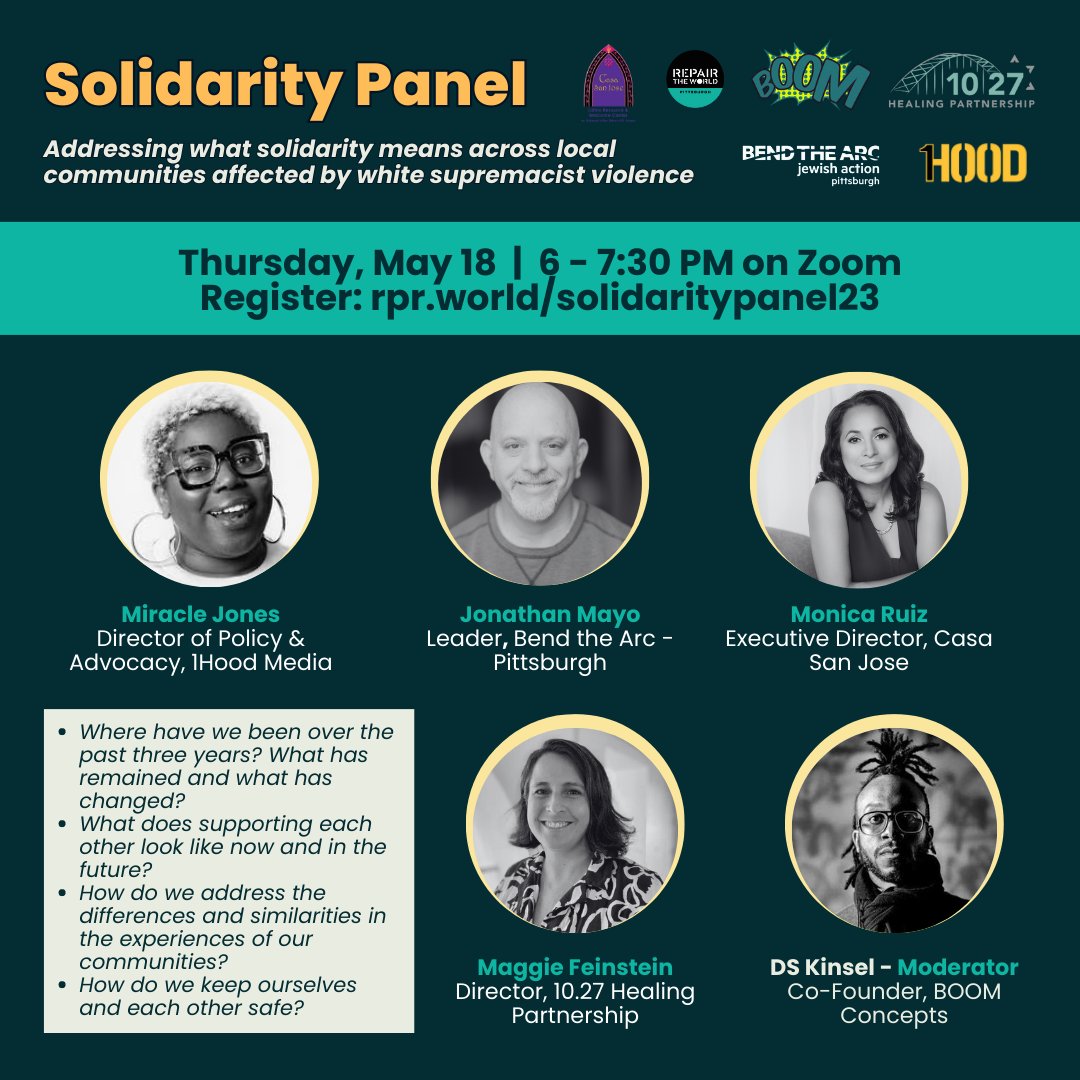 Repair the World Pittsburgh (@pitt_repair) on Twitter photo Have you registered for our solidarity panel next week with <a href="/1hood/">1Hood</a>, <a href="/bendthearcpgh/">Bend The Arc: Jewish Action Pittsburgh</a>, <a href="/CasaSanJosePGH/">Casa San Jose</a>, <a href="/1027Healing/">10.27 Healing Partnership</a>, and <a href="/BOOMConcepts/">BOOMConcepts</a>?
👉 Register: rpr.world/solidaritypane… Have you registered for our solidarity panel next week with <a href="/1hood/">1Hood</a>, <a href="/bendthearcpgh/">Bend The Arc: Jewish Action Pittsburgh</a>, <a href="/CasaSanJosePGH/">Casa San Jose</a>, <a href="/1027Healing/">10.27 Healing Partnership</a>, and <a href="/BOOMConcepts/">BOOMConcepts</a>?
👉 Register: rpr.world/solidaritypane…