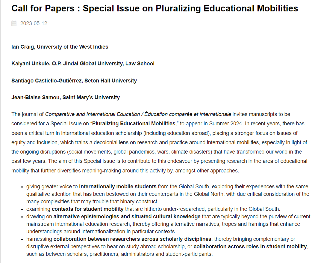 Pluralizing Educational Mobilities - great call for papers for the special Issue in Comparative and International Education/ Éducation Comparée et Internationale <a href="/westernuEdu/">Western Education</a> ojs.lib.uwo.ca/index.php/cie-… <a href="/JLMittelmeier/">Jenna Mittelmeier</a> <a href="/LyTran18/">Ly Tran</a> @johannalwaters @CIHE_EDUHK <a href="/OISE_CIHE/">OISE_CIHE</a> @CIEatOxord