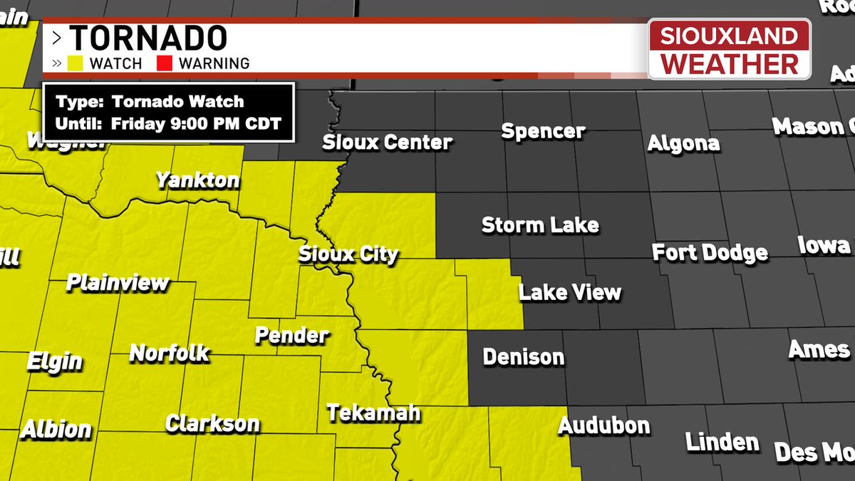 A Tornado WATCH has been issued for portions of Siouxland until 9pm this evening. A few tornadoes, very large hail larger than egg size, and damaging winds to 70mph possible. Please stay weather aware and have multiple ways to receive warnings!