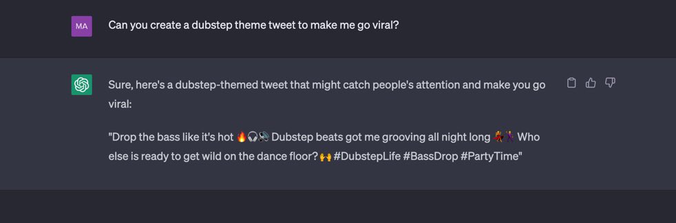 bloodpvct's tweet photo. CHAT GPT CERTIFIED TO GO VIRAL.
HERE WE GO.
Drop the bass like it’s hot 🔥🎧🔊Dubstep beats got me grooving all night long 💃🕺Who else is ready to get wild on the dance floor? 🙌🏻 #dubsteplife #BassDrop #PartyTime https://t.co/ivZXtEoSK5