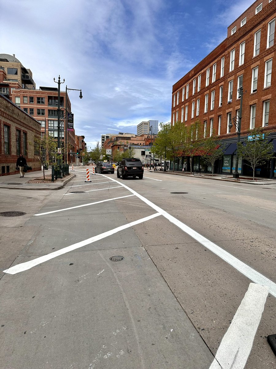Road diet measures just installed on 15th Street at Blake reducing the number of through lanes. And in coordination with the new bike lane on Blake.