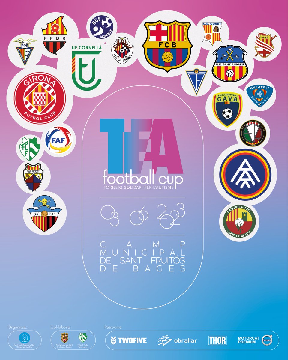 💥 𝗧𝗘𝗔 𝗙𝗢𝗢𝗧𝗕𝗔𝗟𝗟 𝗖𝗨𝗣 𝟮𝟬𝟮𝟯 💥

Amb tots vosaltres... el cartell oficial de la primera edició d'aquesta festa del futbol i la solidaritat!🎉🏆

Ens veiem a Sant Fruitós de Bages d'aquí molt poquet...

US HI ESPEREM‼️

#TEAfootballcup #jugasenselimits #futbolbase