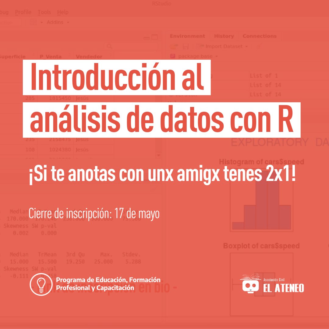 Elateneoac's tweet photo. 💻 CURSO DE ANÁLISIS DE DATOS CON R 💻

‼️ Te invitamos al nuevo curso del Laboratorio de Datos, ¡si te anotas con unx amigx tenes 2x1!

🗓️ Jueves del 18 de mayo al 22 de junio.
🕚 De 19 a 20.30 h - sincrónica virtual.

🔗 + info &amp; inscripción: https://t.co/tg0DTxDuu8 https://t.co/rjiYaYrlfL