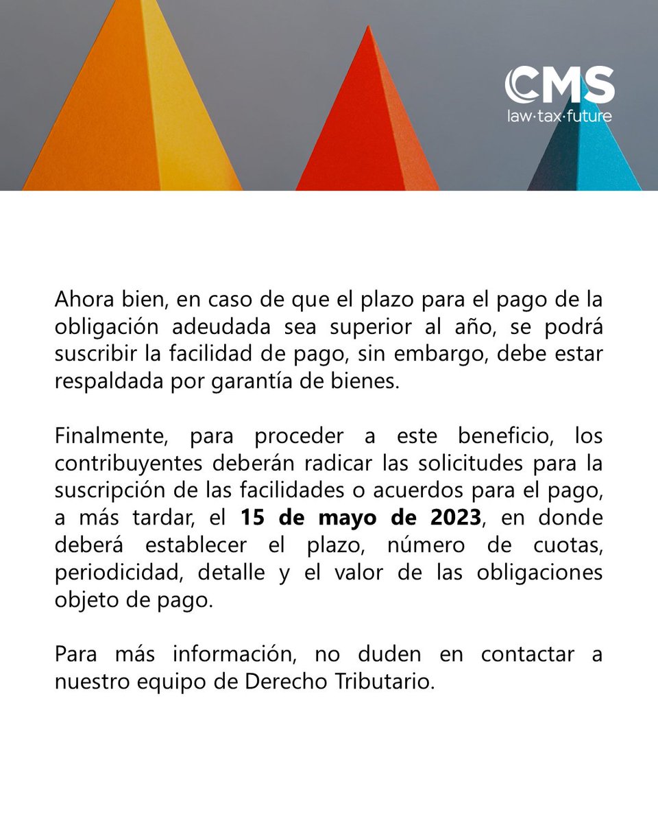 #ReminderOfTheDay | ¡Se acerca el vencimiento para suscribir acuerdos de pago!
En caso de dudas o inquietudes, no duden en contactar a nuestro equipo de Derecho Tributario:

<a href="/sanarbouin/">Santiago Arbouin</a>
Socio
santiago.arbouin@cms-ra.com

#CMSRodriguezAzuero #Tributario #ReminderOfTheDay