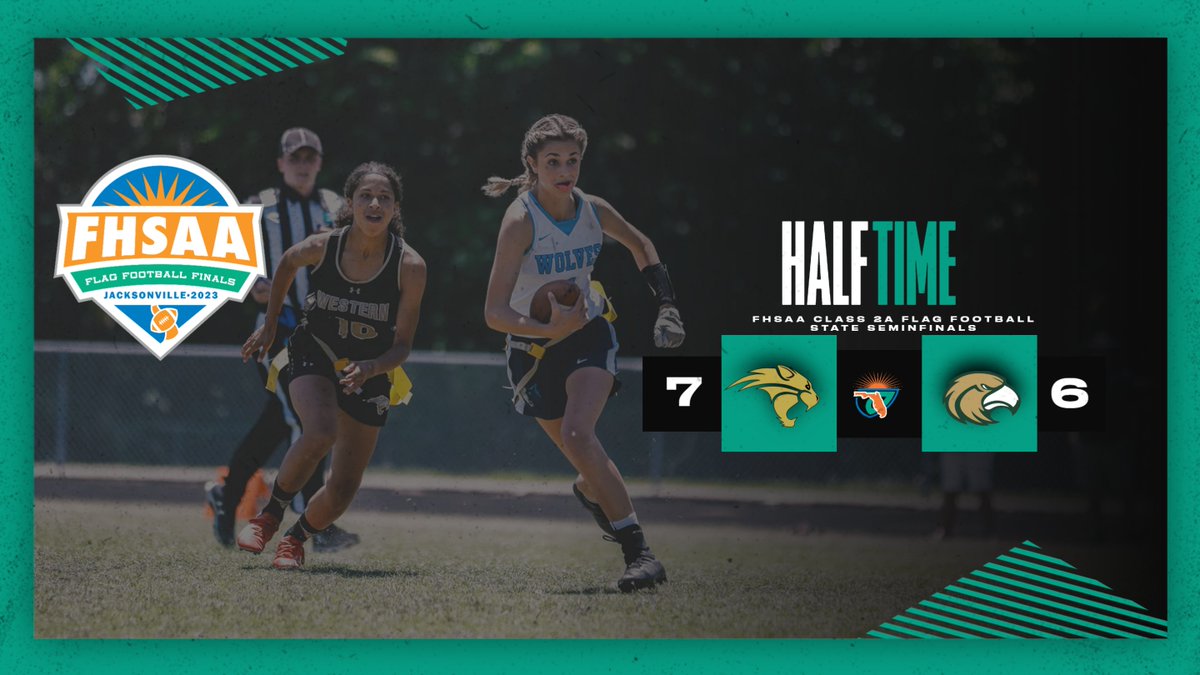 FHSAA's tweet photo. We have a good one in our 1st 2A Girls Flag Football Semifinal matchup. Western leads Fleming Island 7 to 6 at the half. #FSHAA Flag Football #FHSAAStateChampionships https://t.co/XnMgRY4Zqr