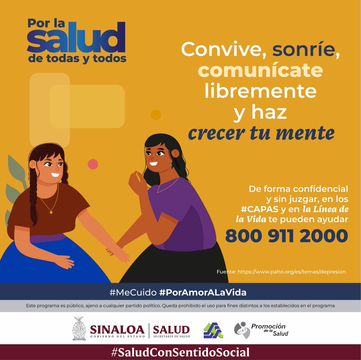 #PorLaSaludDeTodasyTodos I #Depresión 🧠

Convive, sonríe, comunícate libremente y haz crecer tu mente

Si necesitas ayuda, llama a la Línea De La Vida 📞 800 911 2000
o acércate a los #CAPAS

#SaludMental #Salud #SaludConSentidoSocial #TodosSomosPromotoresDeSalud