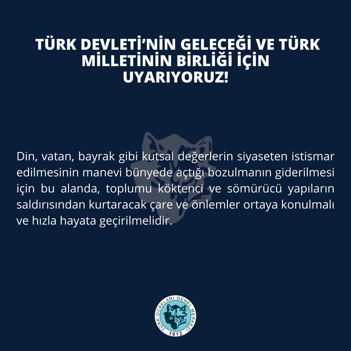 turkocaklari's tweet photo. 📍TÜRK DEVLETİ’NİN GELECEĞİ VE TÜRK MİLLETİNİN BİRLİĞİ İÇİN UYARIYORUZ❗️

▶️Din, vatan, bayrak gibi kutsal değerlerin siyaseten istismar edilmesinin manevi bünyede açtığı bozulmanın giderilmesi için bu alanda, toplumu köktenci ve sömürücü yapıların saldırısından kurtaracak çare ve önlemler ortaya konulmalı ve hızla hayata geçirilmelidir.

⛓️ https://t.co/tlkbHAHKo7