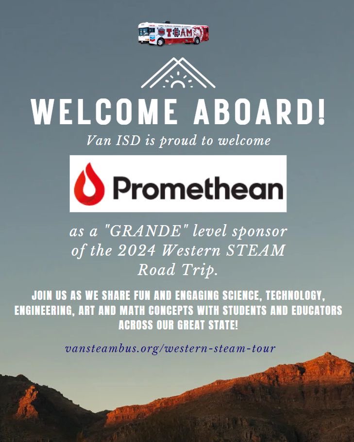 We are so excited to announce Promethean as a "Grande" sponsor of our 2024 Western STEAM tour! We can't wait to share with others across Texas how we use Promethean to promote our STEAM initiatives!

For more info, check us out at vansteambus.org/western-steam-…

#steam #roadtrip