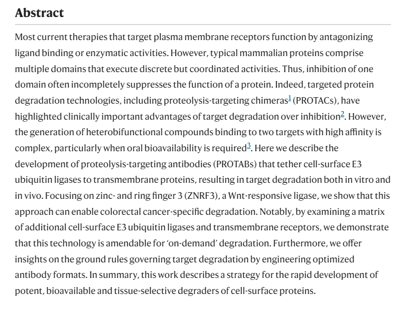 DrChoueiri's tweet photo. New exciting kind of protein degraders "proteolysis-bispecific antibodies". The receptor can be degraded by using E3 ubiquitin ligases with exposed extracellular domain: work by @genentech scientists in @Nature. Fascinating!
#PROTABs
https://t.co/jNW1zWht9d https://t.co/BkUrn3fiEs