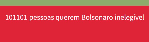 🚨 AGORA: petição para pressionar o TSE pela inelegibilidade de Jair Messias Bolsonaro ultrapassa 101 mil assinaturas!

🔗tanahoradojair.org