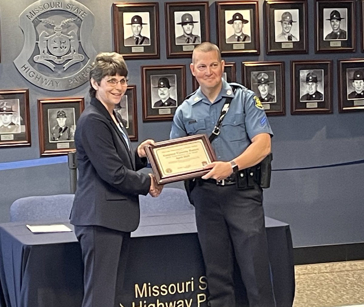 We honored @MSHPTrooperGHQ Cpl. Tim Barrett as Sworn Team Member of the Month for his vigilance fighting illegal drugs. A driver acted suspiciously during a traffic stop & consented to a search. Barrett found 170 lbs. of methamphetamine, 3 guns, cocaine and marijuana. Great work!