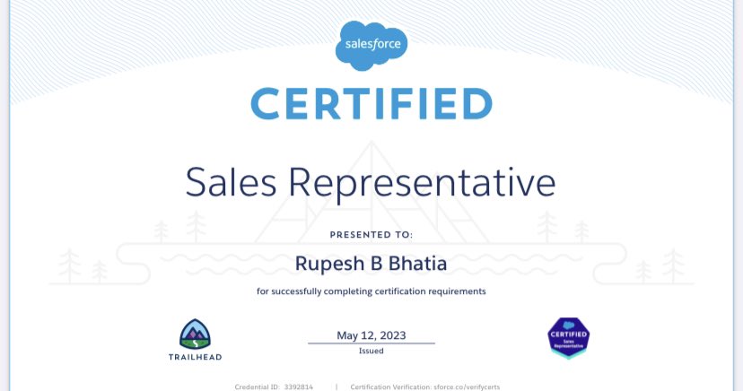 RupeshBhatia85's tweet photo. Since 2011 have always ensured i picked up Salesforce certs which are relevant to my project experience and career growth. Banking on my years of project work experience, went in without much prep, glad to knock couple more #Salesblazer #D2C #Salesforce #Consultingmindset https://t.co/6FREPgMrfC