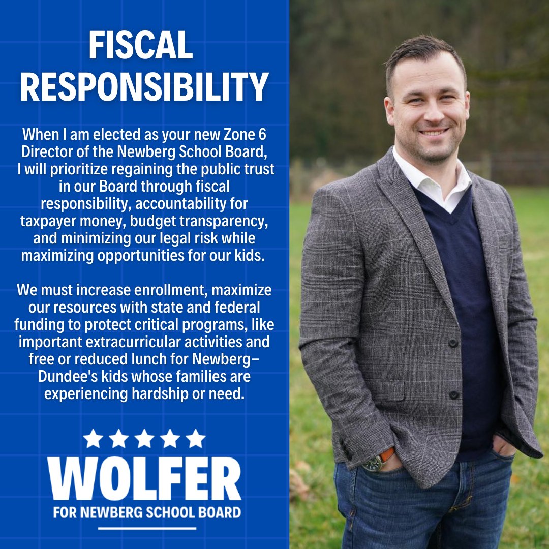 votejameswolfer's tweet photo. When you vote for James Wolfer as your next Zone 6 Director of the Newberg School Board, you're voting to protect extracurricular programs that keep kids engaged in our community. https://t.co/i7CLHS3Cbc