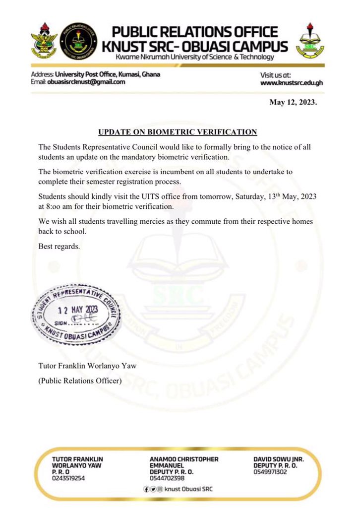 *🟢🟡 Update on biometric verification 🟢🟡*
════════════

All students should kindly take note that from tomorrow, Saturday, 13th May, 2023 the biometric verification exercise will begin at the UITS office. 

════════════