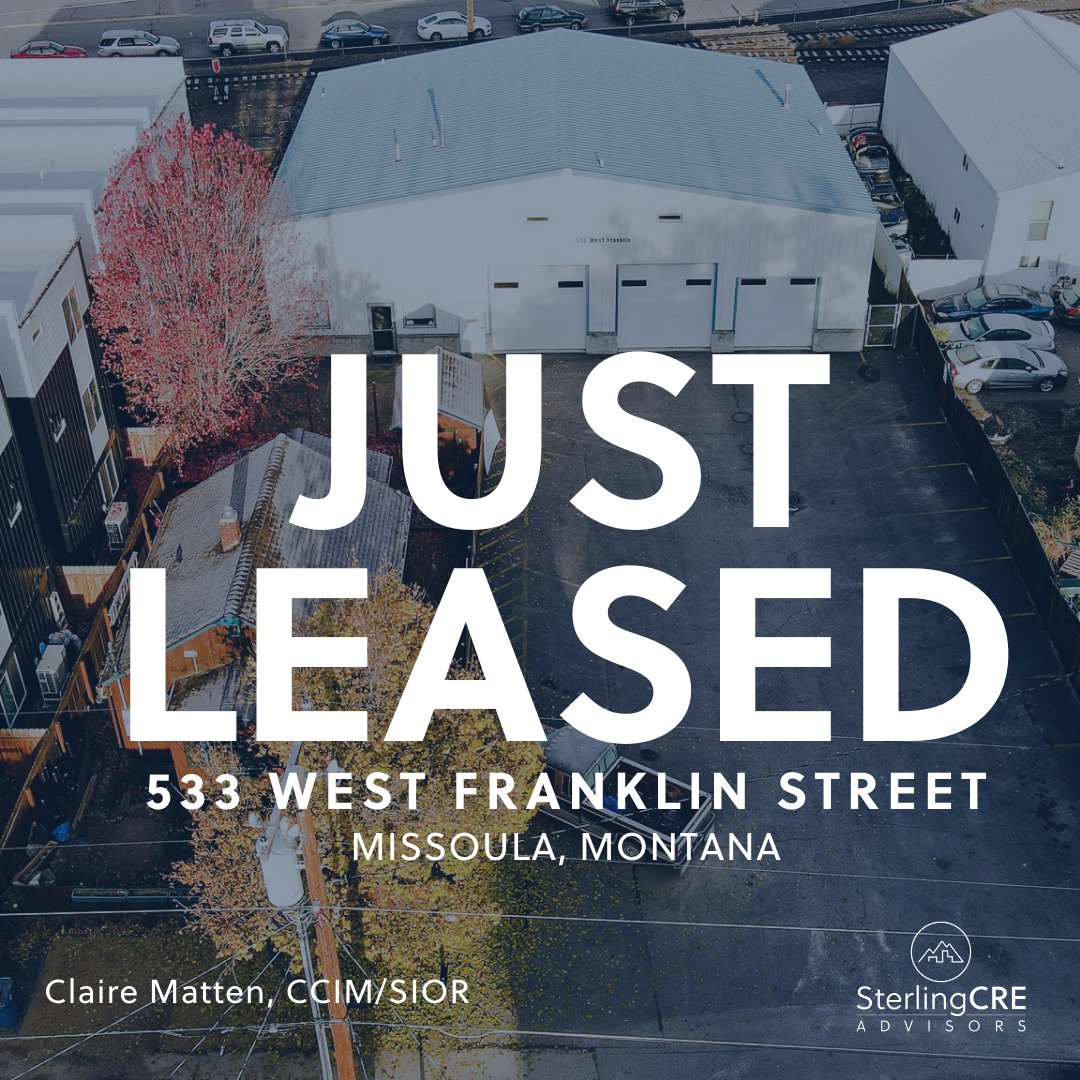 Sterling_CRE's tweet photo. Just Leased! Tenants at 533 West Franklin in Missoula found the right facility at the right price and location while building ownership secured a great tenant. Lease your warehouse with Montana's industrial experts at 406-396-1176.
.
.
..
.
#montanaindustrial #montana #montanacre https://t.co/PJdZQV4rse