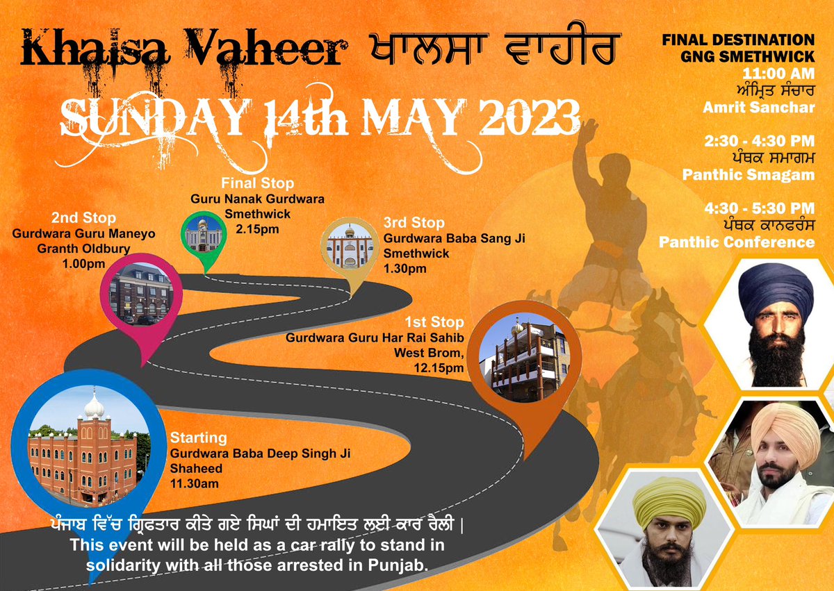 SikhPA's tweet image. This Sunday UK Sikhs are coming together to continue the #KhalsaVaheer campaign, started by #BhaiAmritpalSingh, to engage people with Sikhi and tackle community issues such as addiction at a grassroots level.

The first rally will see a journey through Birmingham (details below).