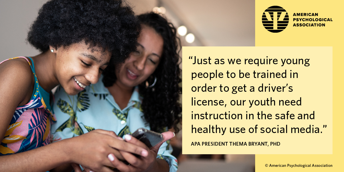 APA's tweet photo. Parents, teens, tech companies, educators, policymakers, and practitioners—it takes all of us to keep young people #SafeOnSocial.

Read our new advisory, featuring ten science-based recommendations for healthy social media use: https://t.co/ucrguB8Ncv https://t.co/FsL30BQyCI