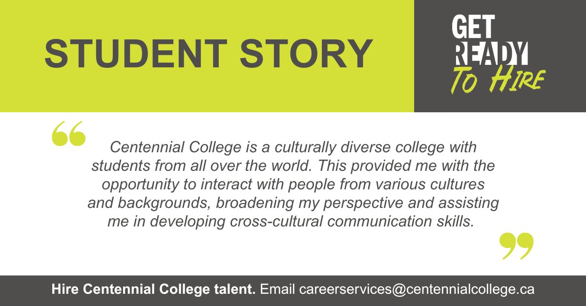 CCcareer_coop's tweet photo. Representing over 100 cultures and 80 languages, @CentennialEDU graduates have a diversity of experiences and skills that set-them up for career success. 

#GetReadyToHire and email careerservices@centennialcollege.ca and learn about how we can help meet your recruitment needs! https://t.co/GNxCsRtD3M