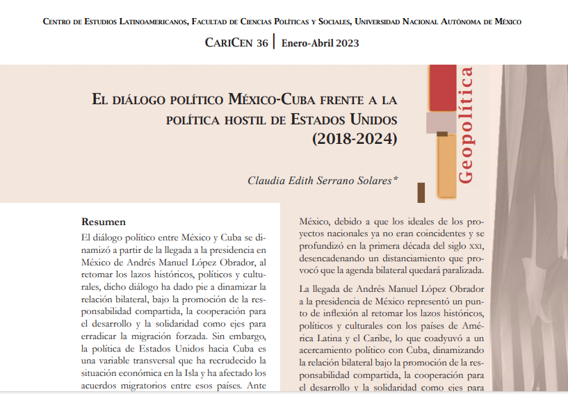 edithsolares's tweet photo. Tengo el gusto de compartir el artículo académico titulado: "El diálogo político México-Cuba frente a la política hostil de Estados Unidos (2018-2024)", publicado en @CariCen, No. 36, México, 2023, de mi autoría. 👉https://t.co/3luhIoxXvs
¡Ojalá tengan oportunidad de leerlo! https://t.co/TmfsuGIuDG