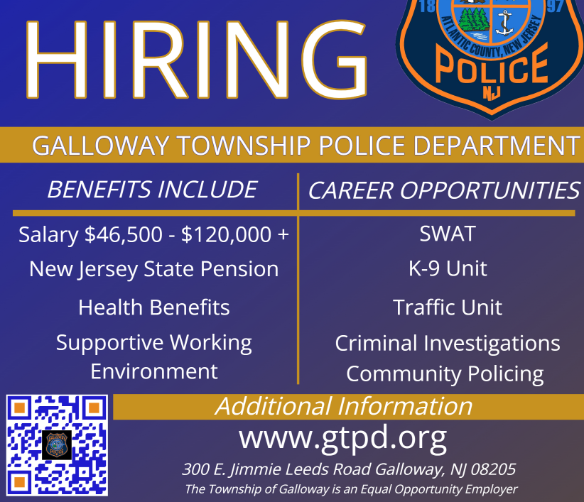 Galloway Police Department in New Jersey is hiring!

Are you a student from NJ interested in making a difference? 

GTPD is looking to add the best and brightest aspiring law enforcement officers to our team! 

Apply today: bit.ly/3nU0Inn