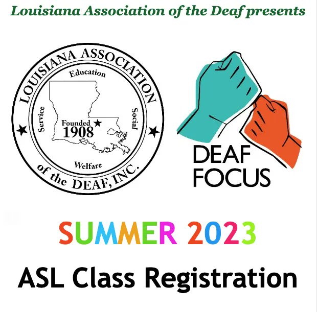 Louisiana friends! Want to learn sign language? Here is your chance! Registration ends June 5th! 

Click here to sign up!
buff.ly/41yHL7r 

#ASL #AmericanSignLanguage #LearnASL #ASLCLasses #LouisianaDeafAssociation #Louisiana