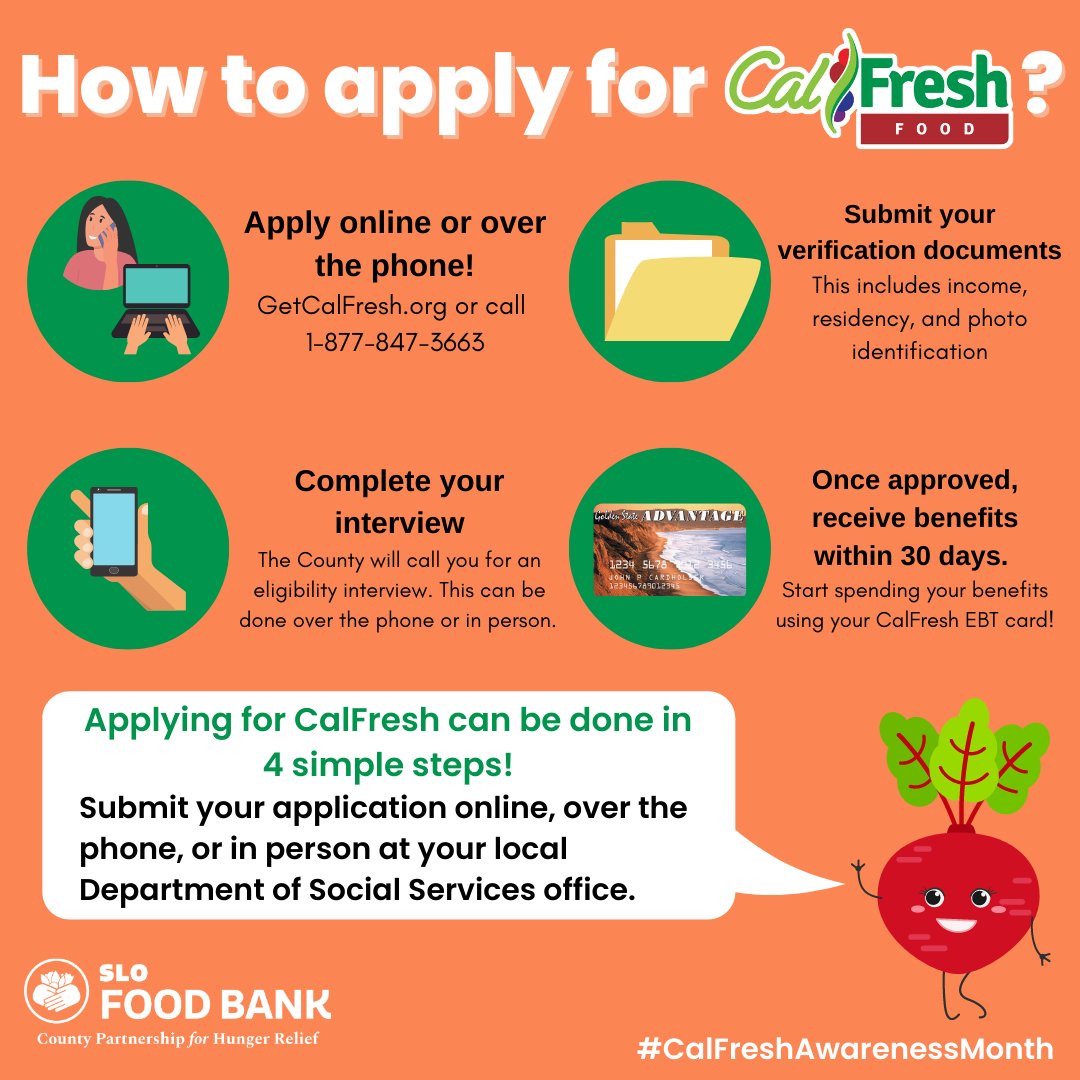Applying for CalFresh has never been easier! #CalFreshAwarenessMonth
 
💻  You can apply online at Getcalfresh.org/s/slofoodbank.… 
☎️ Call the CalFresh hotline at 1-877-847-3663
🏫 or visit an application assistance site at slofoodbank.org/cfam