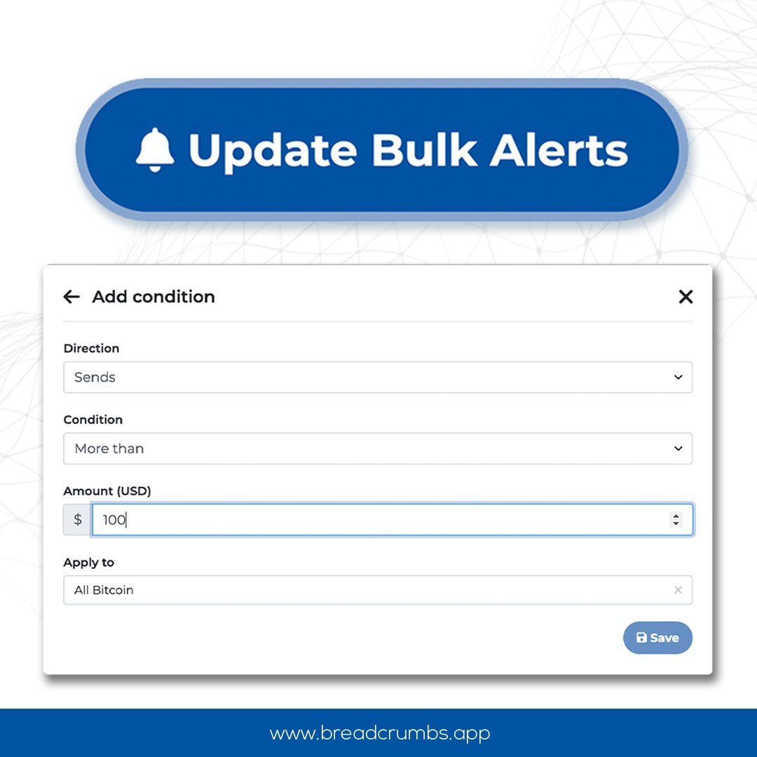 AppBreadcrumbs's tweet image. 🚨NEW FEATURE: Our Monitoring Tool now has BULK ALERTS plus setting the alert amount to USD VALUES. 
This cuts the time setting up individual alerts and converting fiat amounts to crypto!
Create your dashboards for free at monitor.breadcrumbs.app #CryptoTools #BlockchainAnalytics