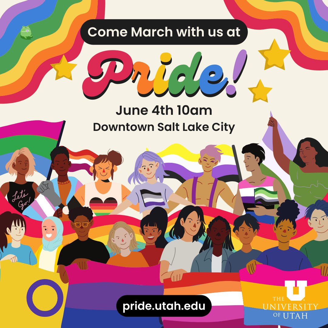 Utah Pride is coming and coming fast! 🏳️‍🌈 The U is inviting students, staff, and faculty to join us at the Utah Pride Parade! Sign up and you will receive a t-shirt to wear and will be expected to line up downtown at 10am on June 4th. Sign up at pride.utah.edu!