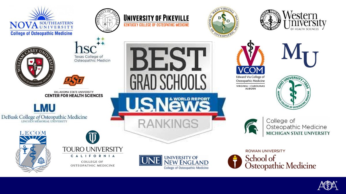 Congrats AOA osteopathic medical schools! 🎉🎉🎉 @usnews bit.ly/3SPcl98 @1lecom @mucom_indy @com_at_une @DCOMtweets @kycomatupike @MSU_Osteopathic @NSUFlorida @OSUMedicine @ouhcom @RowanVirtuaSOM @TCOM_UNTHSC @TouroCalifornia @vcomvirginia @wvsom @WCUCOMDO @WesternUCOMP