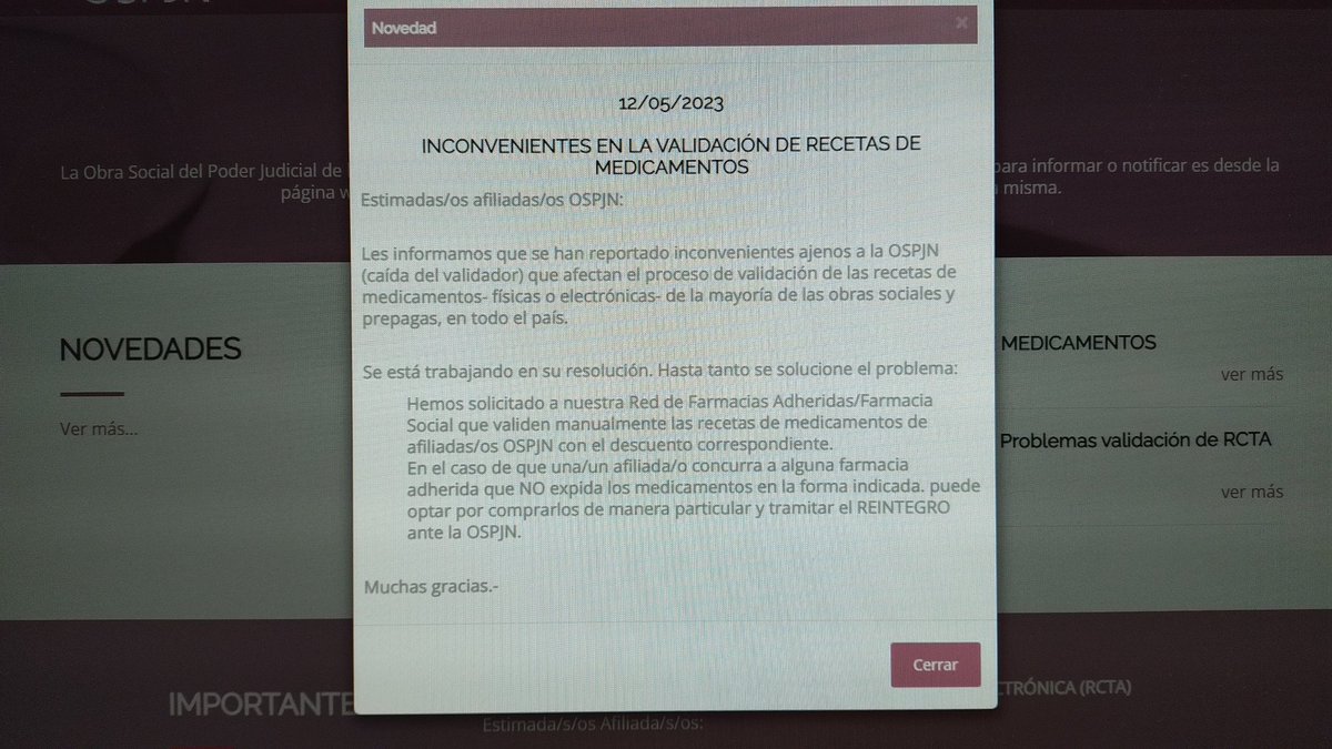 ospjn's tweet photo. Inconvenientes en la validación de recetas #OSPJN https://t.co/EzONuboARM