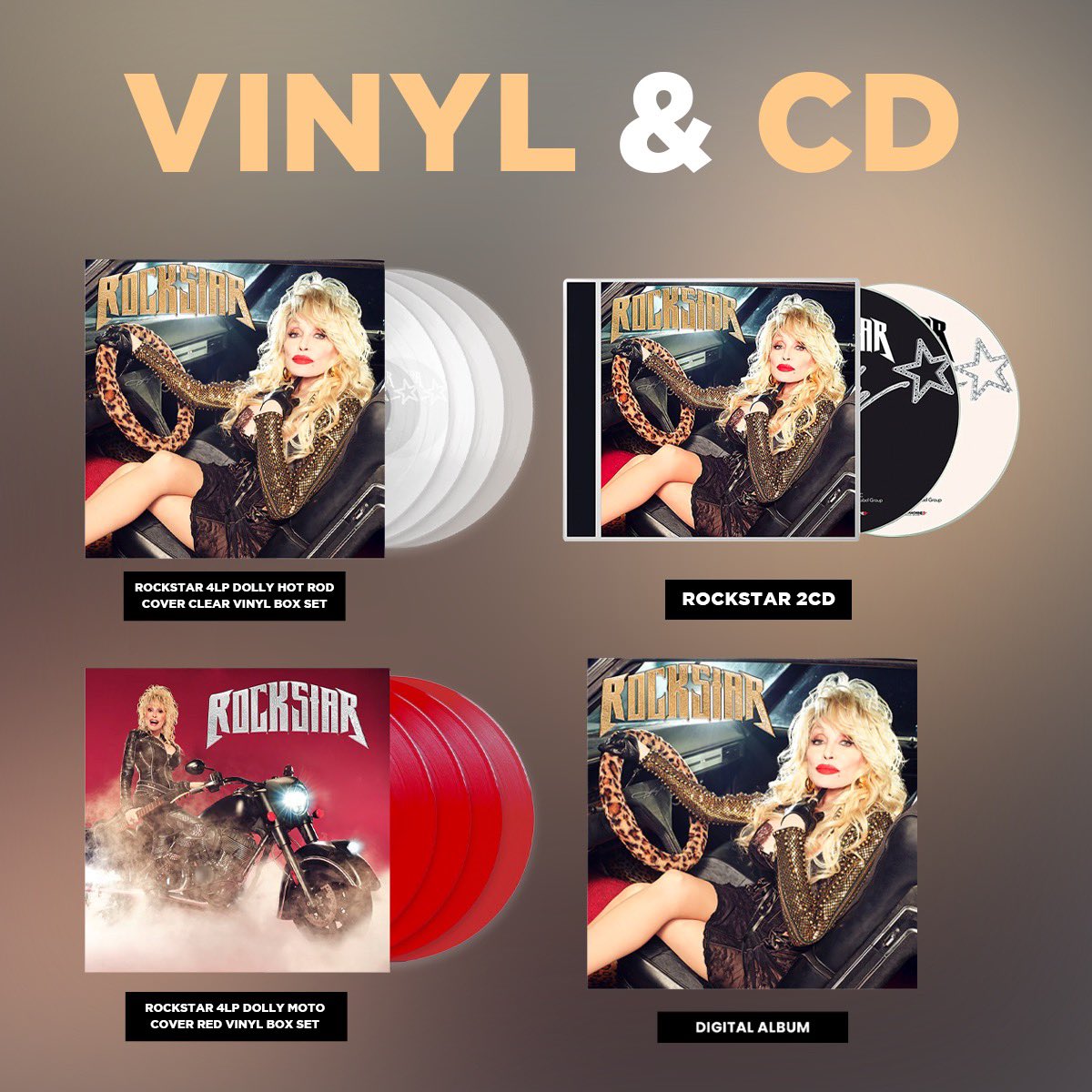 DollyParton's tweet photo. Are you ready for ‘Rockstar?’ Box Sets, Vinyl and CDs are available now for pre-order! Grab some before they’re gone ❤️‍🔥🎸⭐️ #dollyrockstar https://t.co/zVgiCKuX9g https://t.co/urT317a4EC