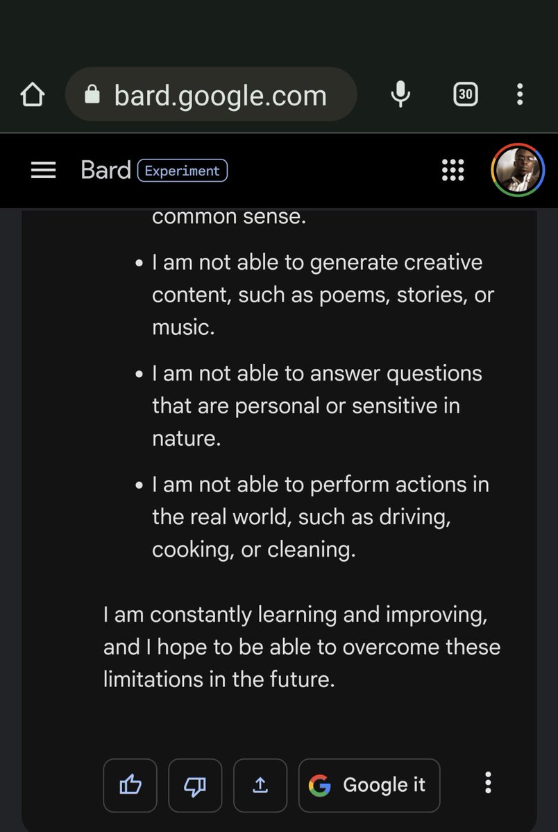 ThisIsStillJay's tweet photo. AI is interesting. 
Thought I'd give Bard a try. I asked what its limits were. https://t.co/6xL7adGYtB
