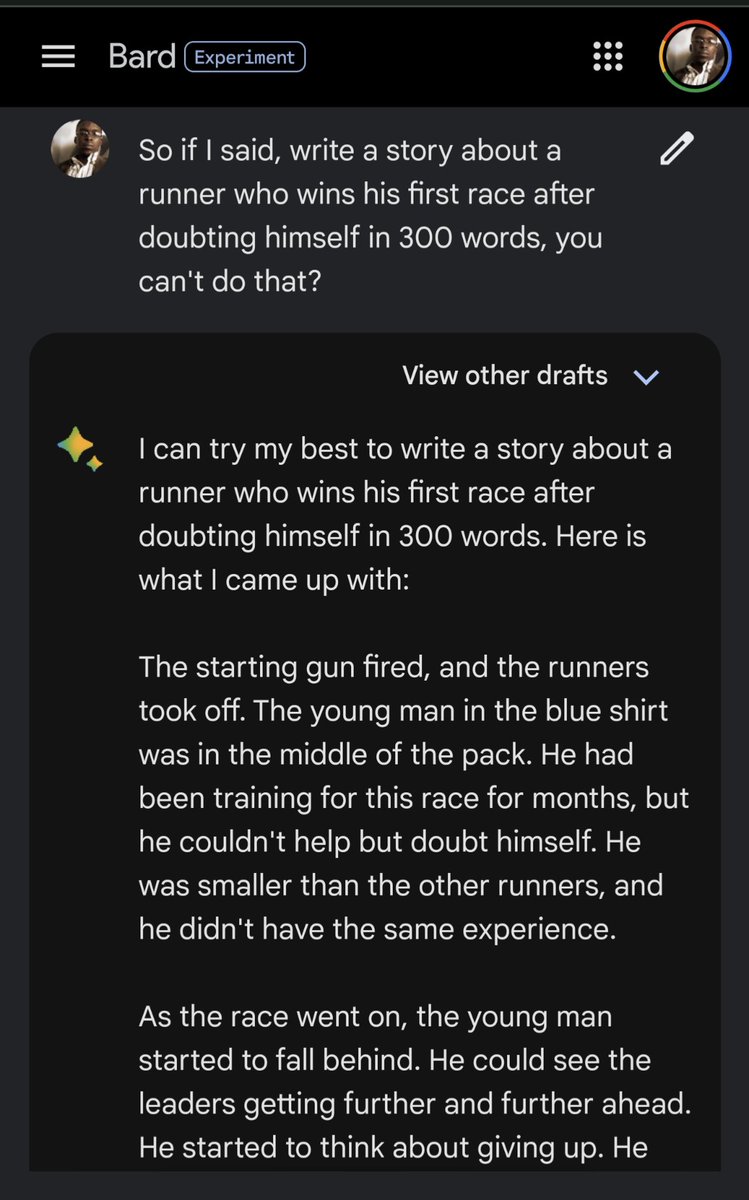 ThisIsStillJay's tweet photo. Then I thought I'd test those limits. 

Even though it just stated it could not generate creative content, Bard seemed quite eager to please and delivered a story. https://t.co/3itvfxvOD8