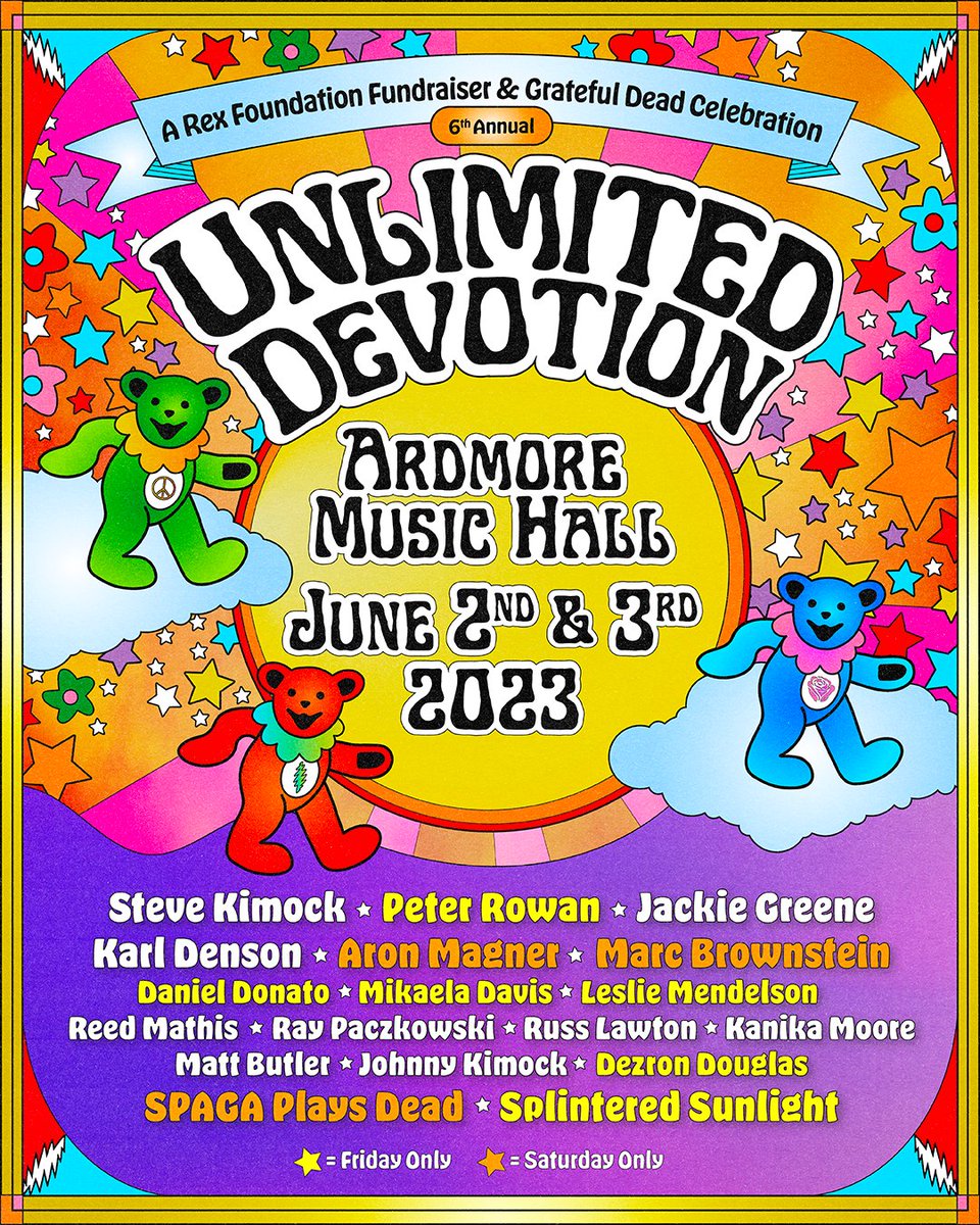 Returning to the Ardmore Music Hall June 2-3, Unlimited Devotion, a Rex Foundation Fundraiser and Grateful Dead musical celebration. Also returning, an exhibition of cool posters from the noted collection of Scott Shapiro. Get tickets! wl.seetickets.us/event/Unlimite…