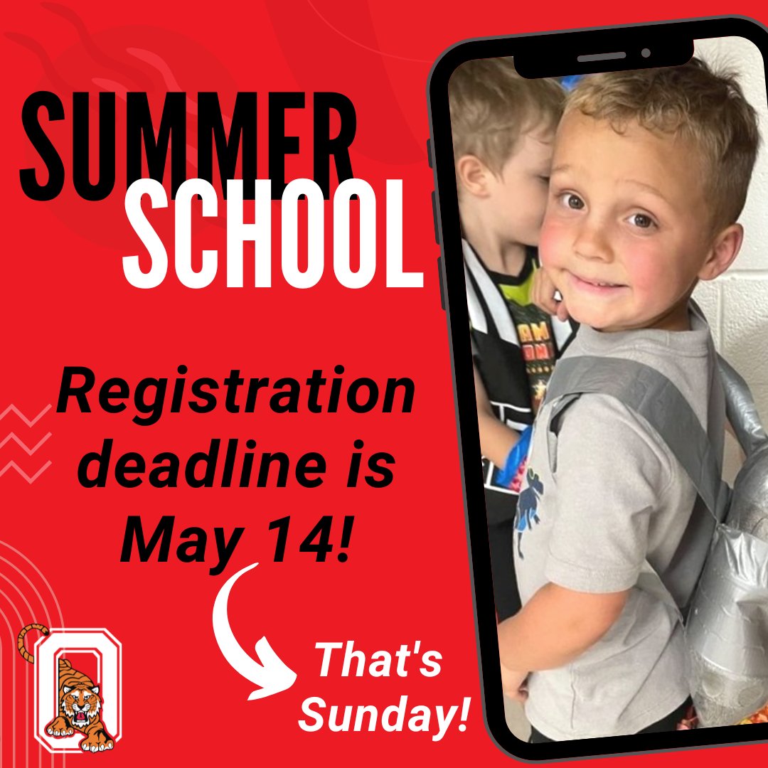 Time is running out to register your child for Summer School — don't wait until the last minute! Registration deadline is May 14 (that's Sunday!). 
➡️ Find course descriptions at ozarktigers.org/summerschool. EDventure awaits!