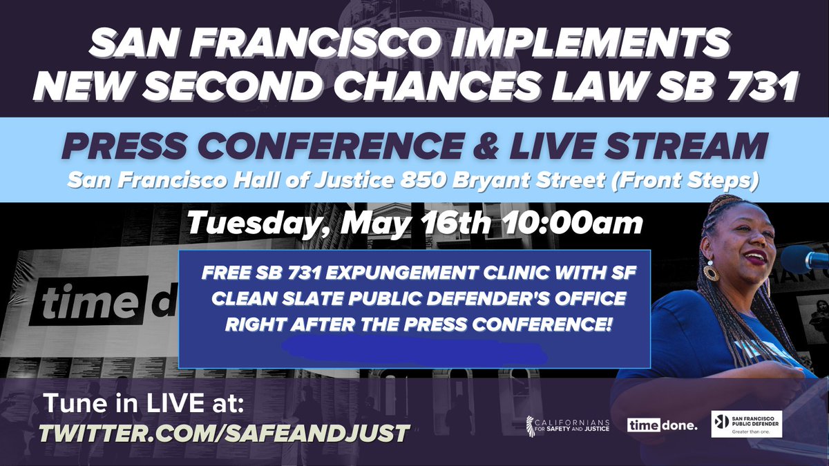 Over 25k San Franciscans may be eligible to expunge their conviction records, thanks to a new law #SB731 that went into effect this year. Join us Tues, 5/16 at 10 am on the steps of 850 Bryant in SF for a press conference & free @SFDefender #CleanSlate clinic to find out more. 1/