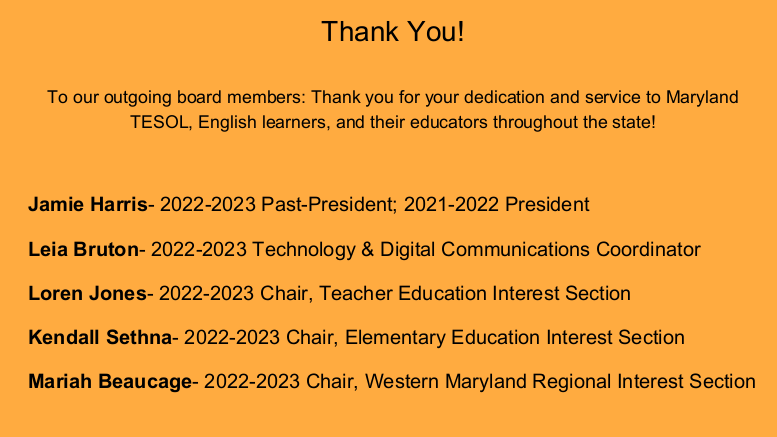 mdtesol's tweet photo. And a heartfelt THANK YOU to our 2022-2023 board members.
To our outgoing members: Thank you for your dedication and service to #MDTESOL, English learners, and their educators throughout the state.
#SPRINGDINNER https://t.co/9SGFgKhzPo