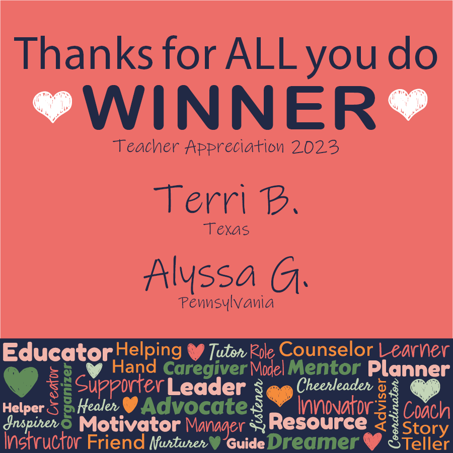 Congrats to our final #TeacherAppreciationWeek winners! We said it once (or quite a few times), but we’ll say it again, #ThanksforALLyoudo!