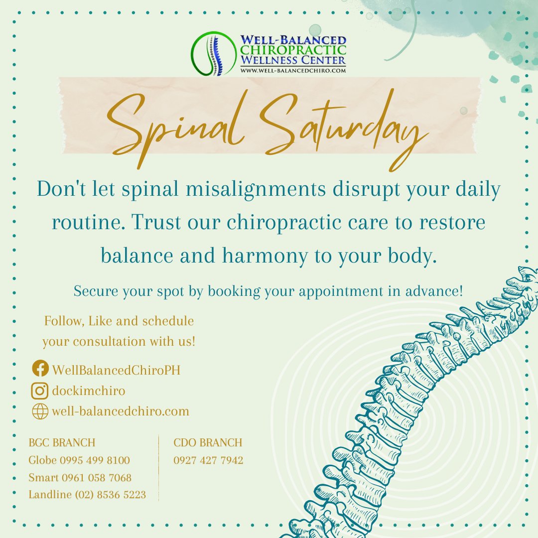 DrKimKhauv's tweet image. Discover the benefits of chiropractic care for a healthy spine and a healthier you! 

Book an appointment now:
☎️: (02) 8536 5223
📞:  BGC:  0995 499 8100 (Globe) | 0961 058 7068 (Smart) 
         CDO: 0927 427 7942 (Globe)

#SpinalWellness #ChiropracticHealth #Wellbalancedchiro