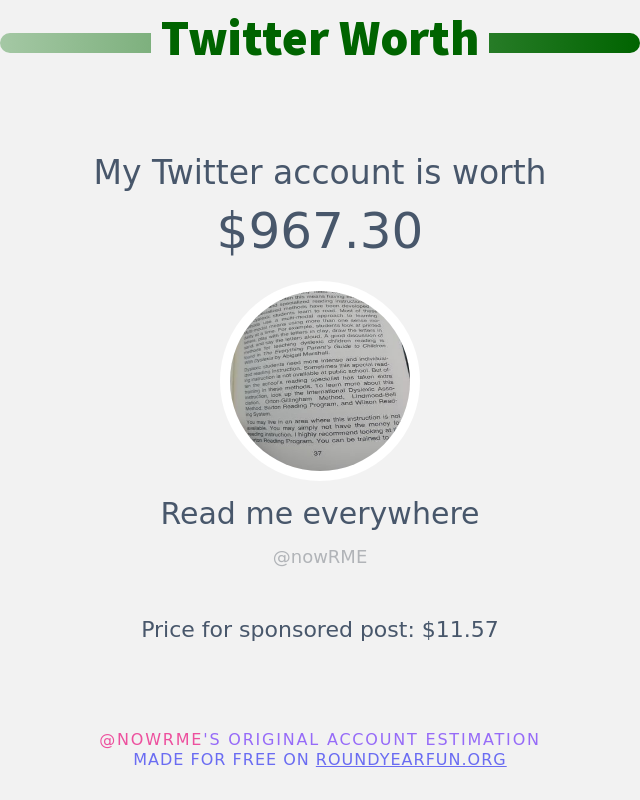 nowRME's tweet image. My Twitter worth is: $967.30

➡️ funroundy.online/twitterworth
