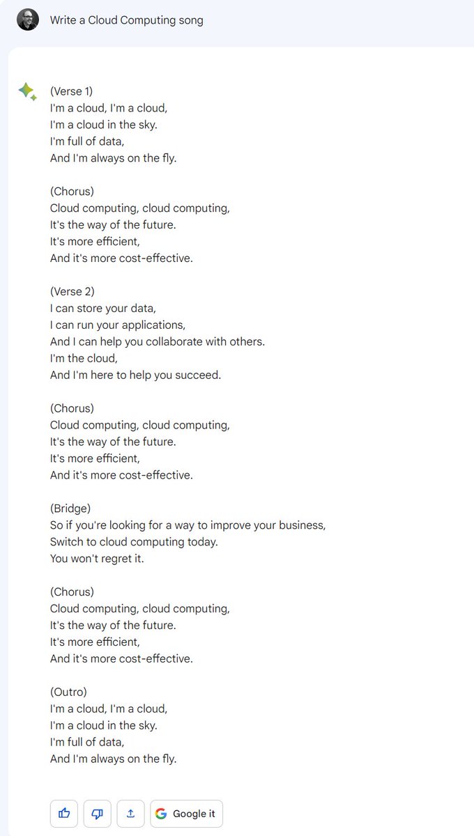 sarbjeetjohal's tweet photo. The #Cloud song, #Bard vs #ChatGPT! What a week!

You all have a great weekend!

My prompt was: Write a Cloud Computing song

#GerativeAI #LLMs https://t.co/3Es0JRIPl5