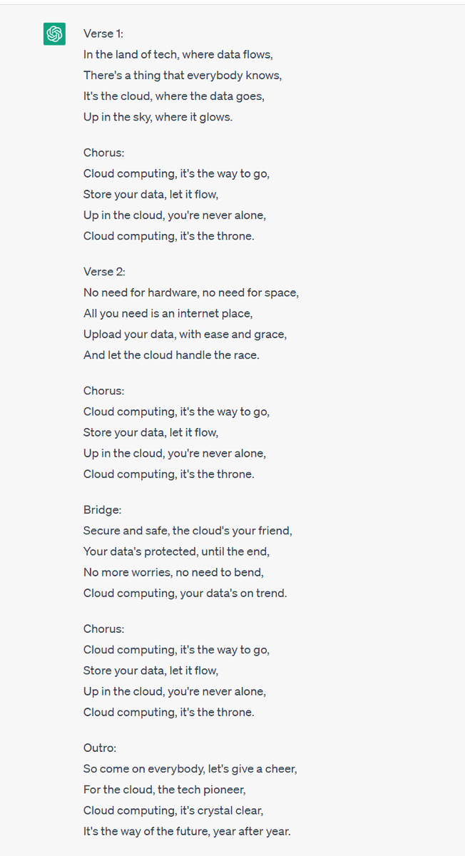 sarbjeetjohal's tweet photo. The #Cloud song, #Bard vs #ChatGPT! What a week!

You all have a great weekend!

My prompt was: Write a Cloud Computing song

#GerativeAI #LLMs https://t.co/3Es0JRIPl5