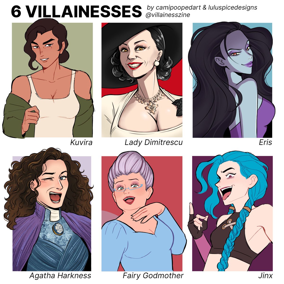Six fanarts, but make it villainesses 😈✨ collab with <a href="/luluspicedesign/">lulu 🌸🌱</a>, one of the other mods for <a href="/villainesszine/">villainesszine || download our zine for free!</a>!! Final call to get your hands on a physical copy 📢‼️