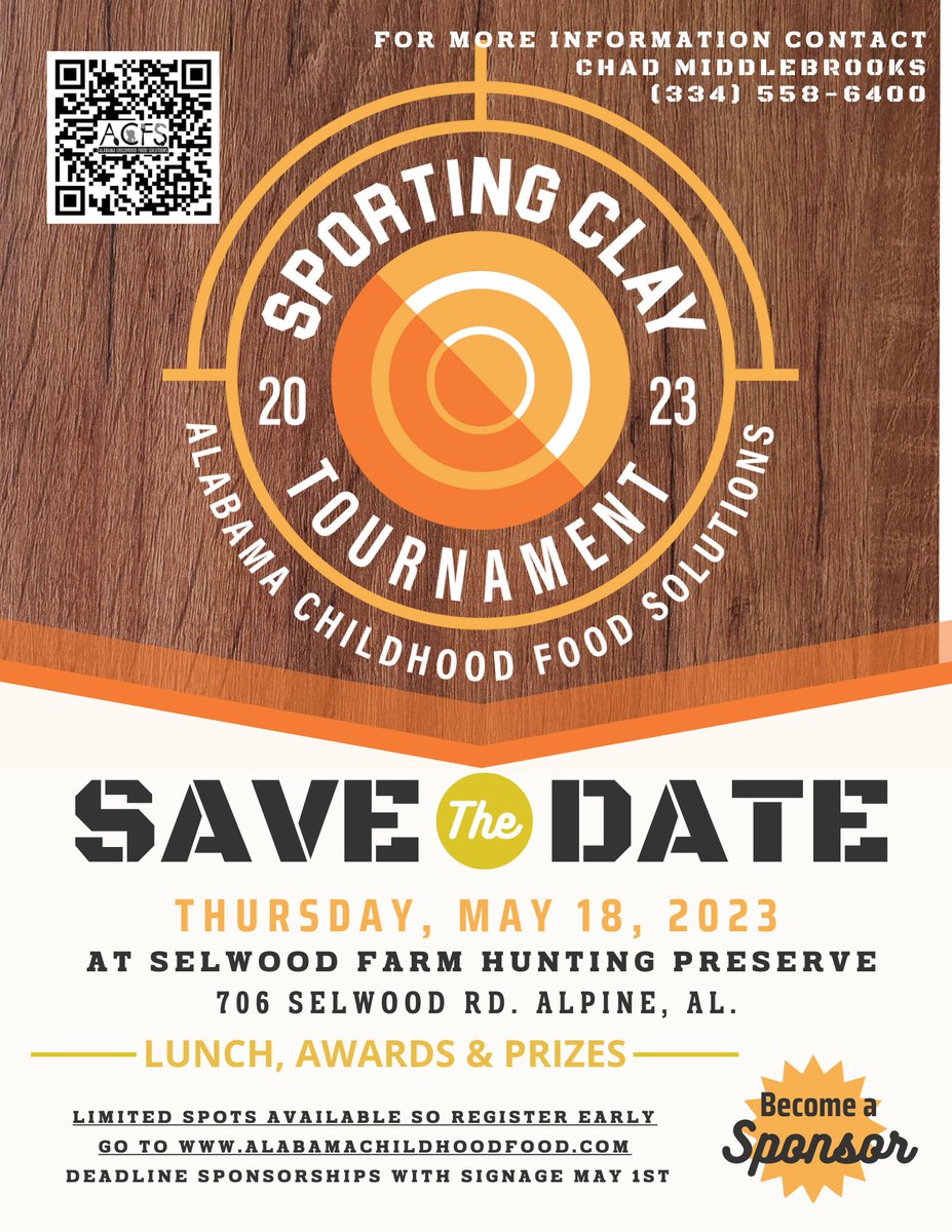 Spots are still available for ACFS's inaugural Sporting Clay Tournament!  A fun filled day is planned as we raise funds to provide additional assistance to the food insecure children and their families in Central Alabama!  Won't you join us?  #Hungernomore