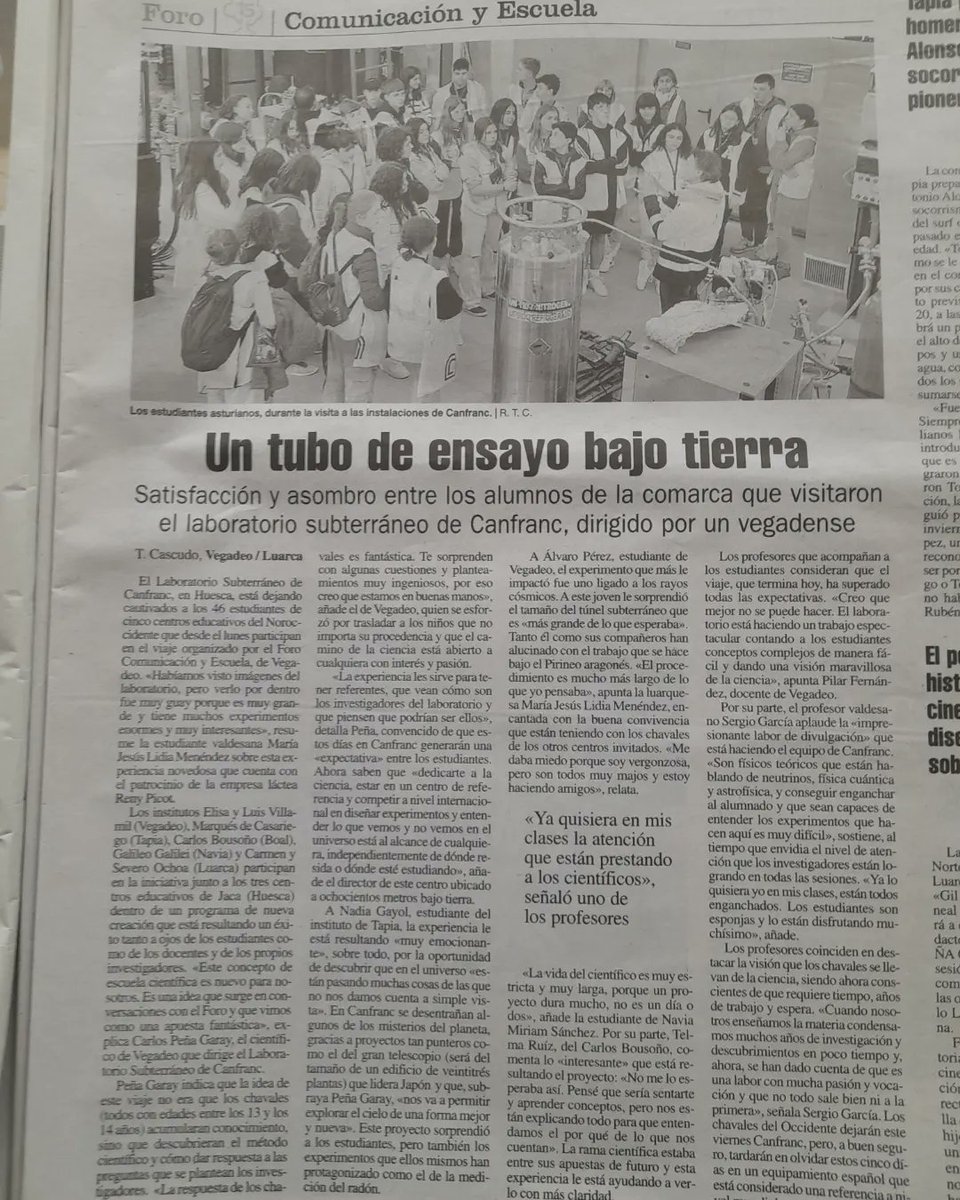 Amplia repercusión en los medios de comunicación en Asturias del proyecto desarrollado en el Laboratorio Subterráneo de Canfranc <a href="/labsubcanfranc/">Laboratorio Subterráneo de Canfranc</a> en el marco deceste 15 Foro Comunicación y Escuela.