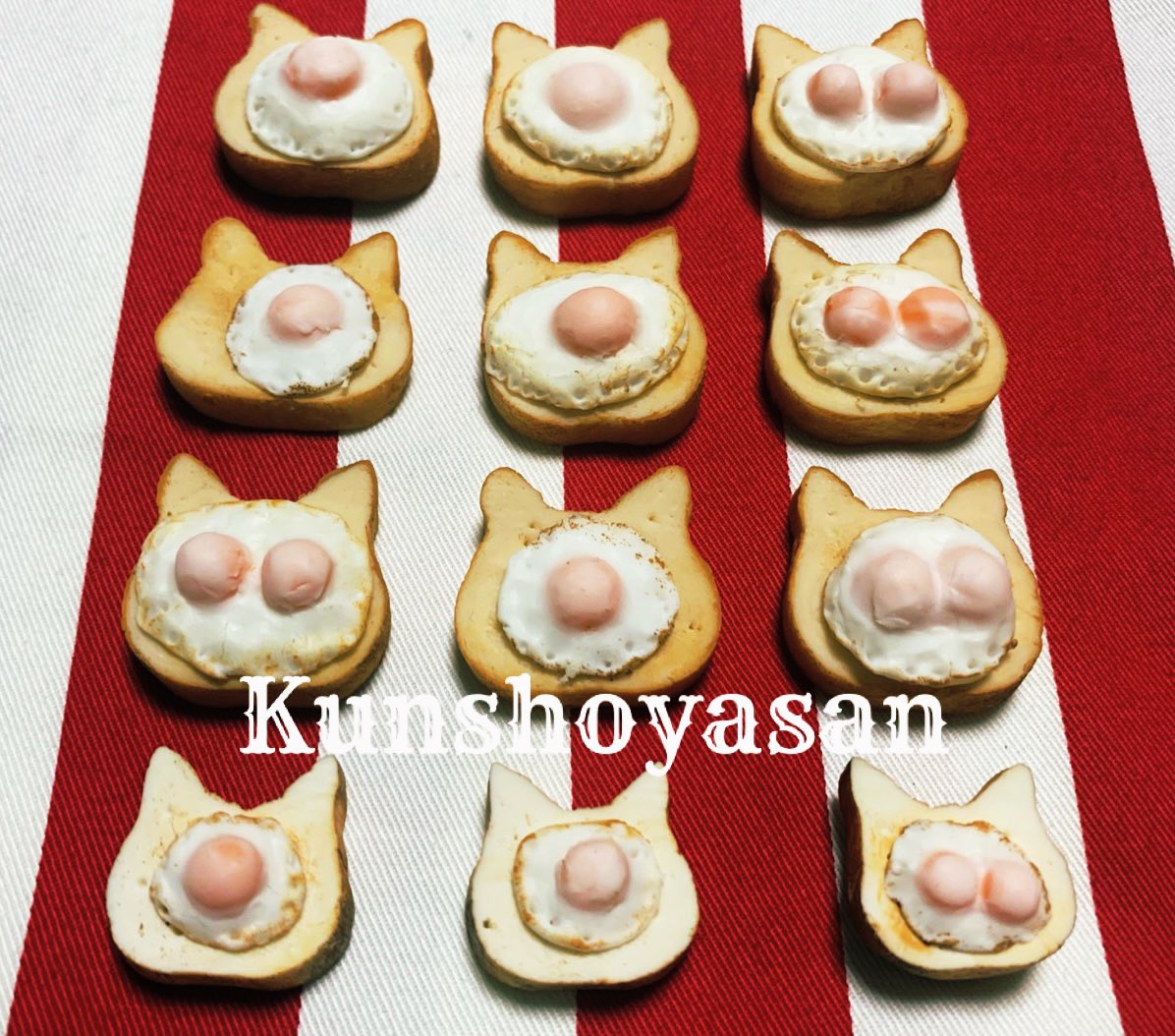 Kunshoyasan's tweet image. 目玉焼き載せ猫食パン
沢山仕上がりました

デザフェス57から再販いたします
#猫食パン #fakefood #目玉焼き