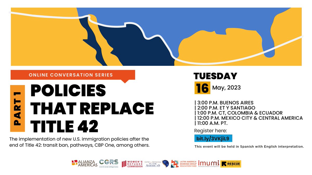 👩‍💻Next Tuesday 5/16: Join CGRS for a webinar in Spanish (w/English interpretation) on asylum policies post-Title 42, with our partners at @ALIANZAAMERICAS @wrcommission @cda_dc @LAWGaction @IMUMIDF @RESCUEorg.

Register👉bit.ly/3Mlo7I2