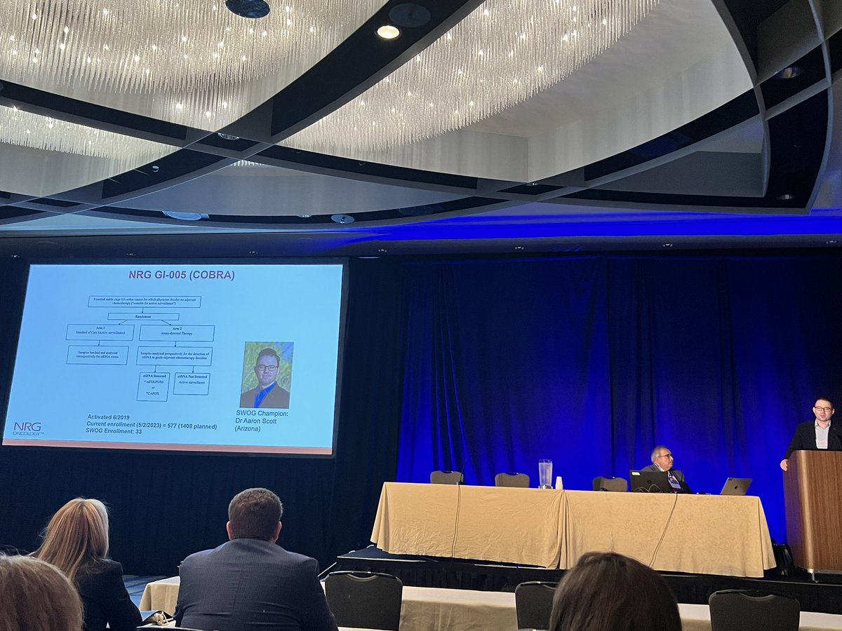 👏 👏 @ajscott40 for great job championing @NRGonc GI005 COBRA trial evaluating ctDNA as predictive marker for adj chemo in stage II colon cancer at @SWOG-we recognize power of liquid biopsy & need definitive prospective data for acting on results! Trial open across US & Canada