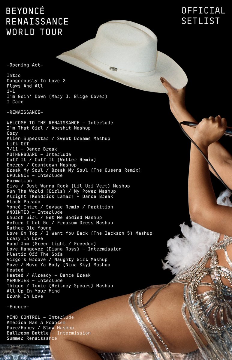 BeyLegion's tweet photo. The #RENAISSANCEWorldTour Complete Setlist. 🪩

⥱ Stream: https://t.co/K73lSpxU3j #RWT2023 https://t.co/MOXQuD0MUE